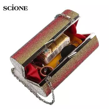 Радужный кошелек со стразами, вечерние сумки, роскошная вечерняя сумочка, клатч, сумка через плечо с алмазным цилиндром