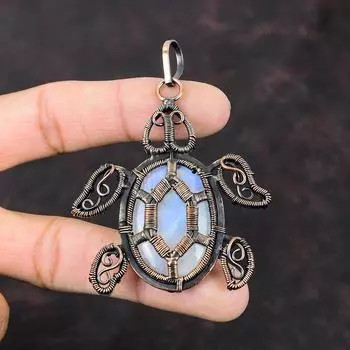 Радужный кулон с лунным камнем, медная проволока, обернутая кулоном, ювелирные изделия из драгоценных камней, кулон с черепахой ручной работы, уникальный медный дизайн, ювелирный подарок для женщин