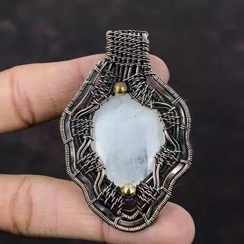 Радужный кулон с лунным камнем, медная проволока, кулон, кулон ручной работы с драгоценным камнем, медная проволока, ювелирные изделия, подарок для женщин, ювелирные изделия из радужного лунного камня