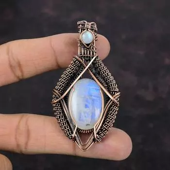 Радужный кулон с лунным камнем, медная проволока, кулон с драгоценным камнем, дизайнерский кулон, ювелирные изделия из лунного камня, кулон ручной работы, медные украшения для подарка