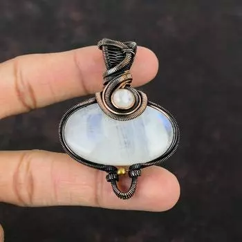 Радужный кулон с лунным камнем, медная проволока, кулон с драгоценным камнем, кулон ручной работы, антикварные медные украшения, подарок на годовщину, ювелирные изделия, завернутые в проволоку