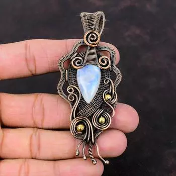 Радужный кулон с лунным камнем, медная проволока, кулон, кулон ручной работы, удивительные медные украшения, кулон с драгоценным камнем, подарок для нее, дизайнерские ювелирные изделия