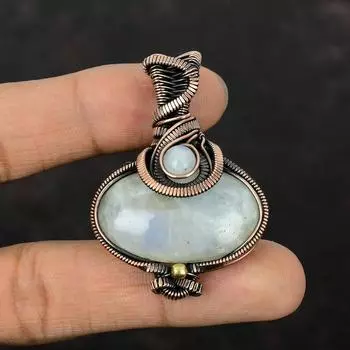 Радужный кулон с лунным камнем, медная проволока, кулон с драгоценным камнем, кулон с камнем рождения, ювелирные изделия из лунного камня, кулон ручной работы, медные украшения для подарка