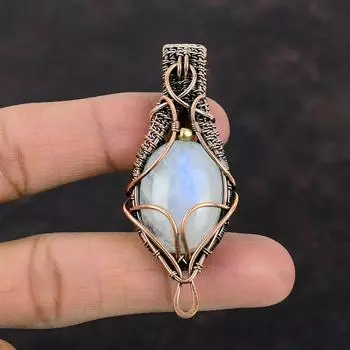 Радужный кулон с лунным камнем, медная проволока, кулон, драгоценный камень, медные украшения, кулон ручной работы, дизайнерский кулон, подарок для мамы, этнический кулон
