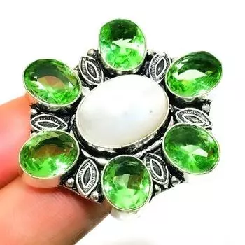 Радужный лунный камень Цаворит, посеребренное кольцо 925 пробы, размер кольца 9,5