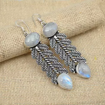 Радужный лунный камень, драгоценный камень 925 пробы, стерлинговое серебро, дизайнерские серьги ручной работы, ювелирные изделия 2.95 Inches белый