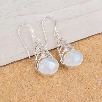 Радужный Лунный Камень Драгоценный Камень 925 Стерлинговое Серебро Ювелирные Изделия Ручной Работы Серьги 1.64 CE-1-35