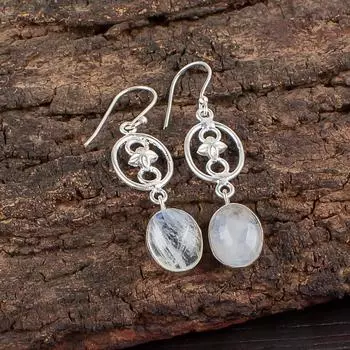 Радужный Лунный Камень Драгоценный Камень 925 Стерлинговое Серебро Ювелирные Изделия Ручной Работы Серьги 2.00 EE-17-35