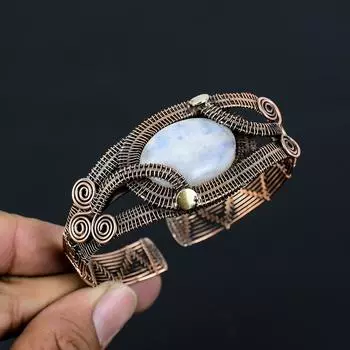 Радужный лунный камень, драгоценный камень, чистая медная проволока, завернутая в манжеты/браслет ручной работы, ювелирные изделия Adjustable белый