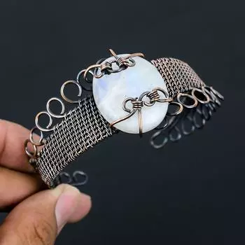 Радужный лунный камень, драгоценный камень, чистая медная проволока, завернутая в манжеты/браслет ручной работы, ювелирные изделия для подарка Adjustable белый