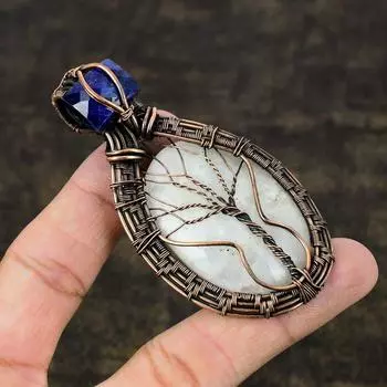 Радужный лунный камень, драгоценный камень, медная проволока ручной работы, ювелирный кулон 3,27 дюйма, l5z21