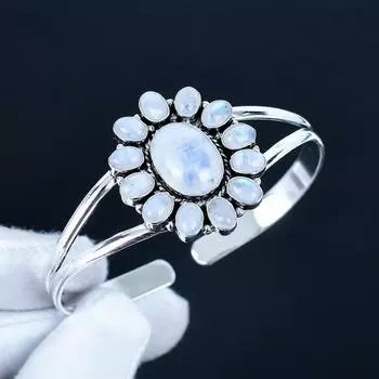 Радужный Лунный Камень Драгоценный Камень Ручной Работы Манжета Браслет из Стерлингового Серебра 925 пробы, Браслет в форме Цветка Радужного Лунного Камня для Жены, Унисекс Браслет 7 белый