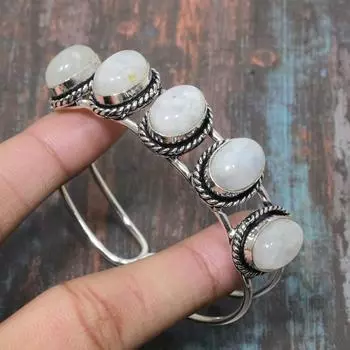 Радужный лунный камень драгоценный камень ручной работы стерлингового серебра 925 пробы браслет регулируемый Adjustable белый