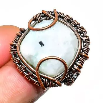 Радужный лунный камень драгоценный камень ручной работы медная проволока обертка ювелирное кольцо размер 6