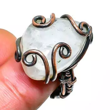 Радужный лунный камень драгоценный камень ручной работы медная проволока обертка ювелирное кольцо размер 6