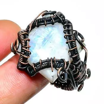 Радужный лунный камень драгоценный камень ручной работы медная проволока обертка ювелирное кольцо размер 10