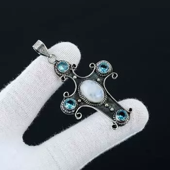 Радужный лунный камень, драгоценный камень синего топаза, серебро 925 пробы ручной работы, ожерелье из натурального лунного камня, ювелирные изделия из лунного камня, подарок для нее 2.55