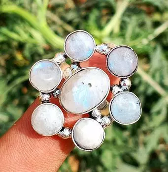 Радужный лунный камень, драгоценный камень, стерлинговое серебро 925 пробы, 1 шт., регулируемое кольцо с цветком ручной работы, ювелирные изделия