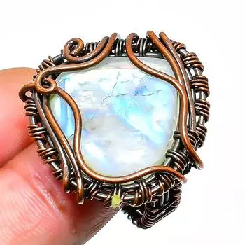 Радужный лунный камень, драгоценный камень, ювелирное кольцо ручной работы из медной проволоки, размер 7