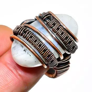 Радужный лунный камень, драгоценный камень, ювелирное кольцо ручной работы из медной проволоки, размер 7