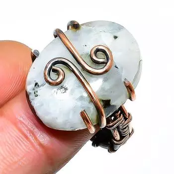 Радужный лунный камень, драгоценный камень, ювелирное кольцо ручной работы из медной проволоки, размер 7