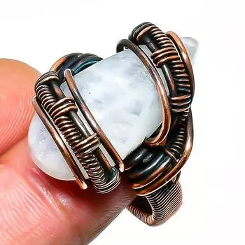 Радужный лунный камень, драгоценный камень, ювелирное кольцо ручной работы из медной проволоки, размер 7