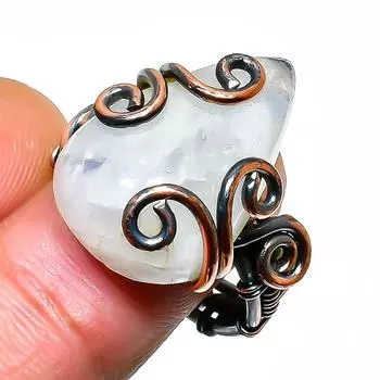 Радужный лунный камень, драгоценный камень, ювелирное кольцо ручной работы из медной проволоки, размер 7