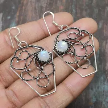 Радужный лунный камень, драгоценный камень, ювелирные серьги ручной работы из стерлингового серебра 925 пробы для нее 2.96 Inches белый