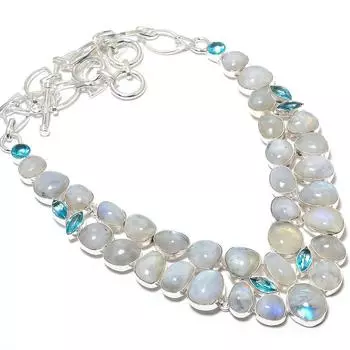 Радужный лунный камень, голубой топаз драгоценный камень ручная работа 925 серебряное ювелирное ожерелье 18 JCN484-98