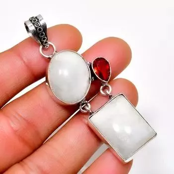 Радужный лунный камень, гранат, драгоценный камень 925 пробы, посеребренный ювелирный кулон 2,46 дюйма 2.46 белый