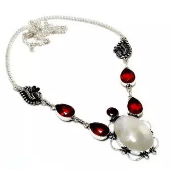 Радужный лунный камень, гранат, драгоценный камень 925, посеребренное ювелирное ожерелье, 18 дюймов 18 белый