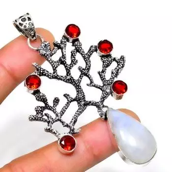 Радужный лунный камень, гранат, драгоценный камень 925 пробы, посеребренный ювелирный кулон 2,84 дюйма 2.84 белый