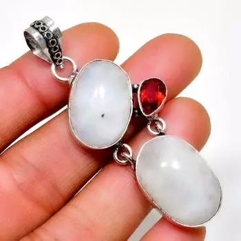 Радужный лунный камень, гранат, драгоценный камень 925 пробы, посеребренный ювелирный кулон 2,34 дюйма 2.34 белый