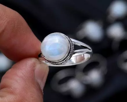 Радужный лунный камень, круглое штабелируемое кольцо с драгоценным камнем, украшения из стерлингового серебра 925 пробы, обручальное кольцо, кольцо в стиле бохо 6