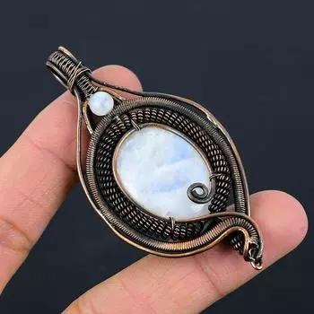 Радужный лунный камень, лунный камень, драгоценный камень, чистая медная проволока, обернутая дизайнерской подвеской ручной работы, ювелирный подарок для нее 2.95 Inches белый