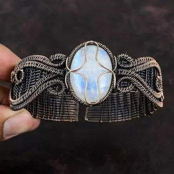 Радужный лунный камень, медный браслет-манжета, браслет из лунного камня, медная проволока, обернутые ювелирные изделия, регулируемый браслет ручной работы, драгоценный камень, ювелирные изделия из медной проволоки