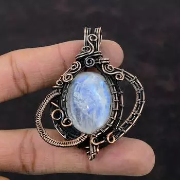 Радужный лунный камень, медный кулон, медная проволока, обернутая ювелирными изделиями, кулон с драгоценным камнем, проволочная подвеска для подарка, ювелирные изделия ручной работы, целебный камень