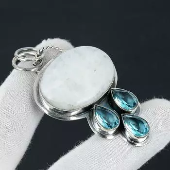 Радужный лунный камень, серебряный кулон с драгоценным камнем из швейцарского синего топаза, ювелирный кулон из стерлингового серебра 925 пробы, кулон из натурального лунного камня для подарков 2.55 белый
