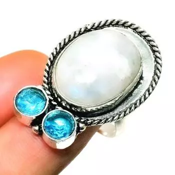 Радужный лунный камень, синий топаз, драгоценный камень, посеребренный 925 пробы, размер кольца 8,5