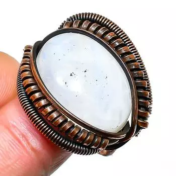 Радужный лунный камень, ювелирное кольцо ручной работы из медной проволоки, размер 8