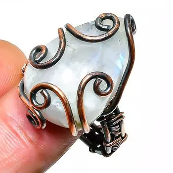 Радужный лунный камень, ювелирное кольцо ручной работы из медной проволоки, размер 9,5