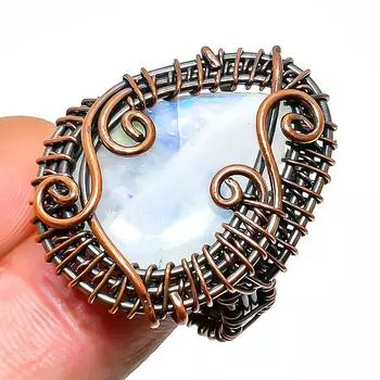 Радужный лунный камень, ювелирное кольцо ручной работы из медной проволоки, размер 6,5