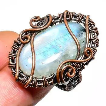 Радужный лунный камень, ювелирное кольцо ручной работы из медной проволоки, размер 8