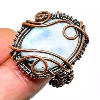 Радужный лунный камень, ювелирное кольцо ручной работы из медной проволоки, размер 8