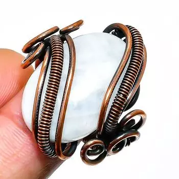 Радужный лунный камень, ювелирное кольцо ручной работы из медной проволоки, размер 8