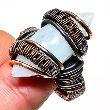 Радужный лунный камень, ювелирное кольцо ручной работы из медной проволоки, размер 8,5