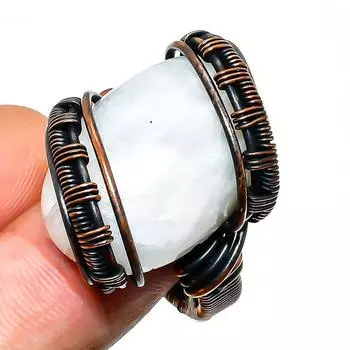 Радужный лунный камень, ювелирное кольцо ручной работы из медной проволоки, размер 7,5