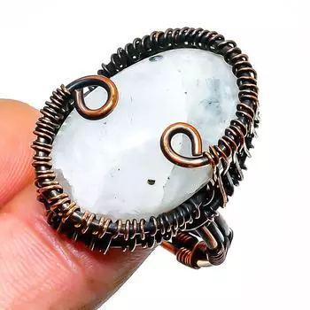 Радужный лунный камень, ювелирное кольцо ручной работы из медной проволоки, размер 9,5