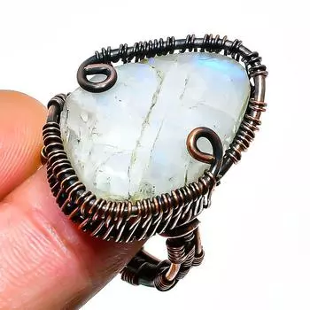 Радужный лунный камень, ювелирное кольцо ручной работы из медной проволоки, размер 8