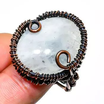 Радужный лунный камень, ювелирное кольцо ручной работы из медной проволоки, размер 8